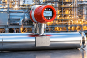 Industrial Coriolis mass flow meter for accurate mass flow, density and temperature measurement in process industries.