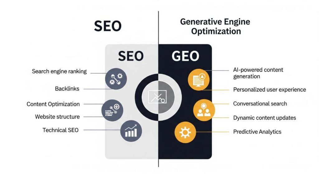 SEO vs GEO: The Future of Industrial Search Comparison graphic showing traditional SEO versus GEO for AI-driven industrial search.