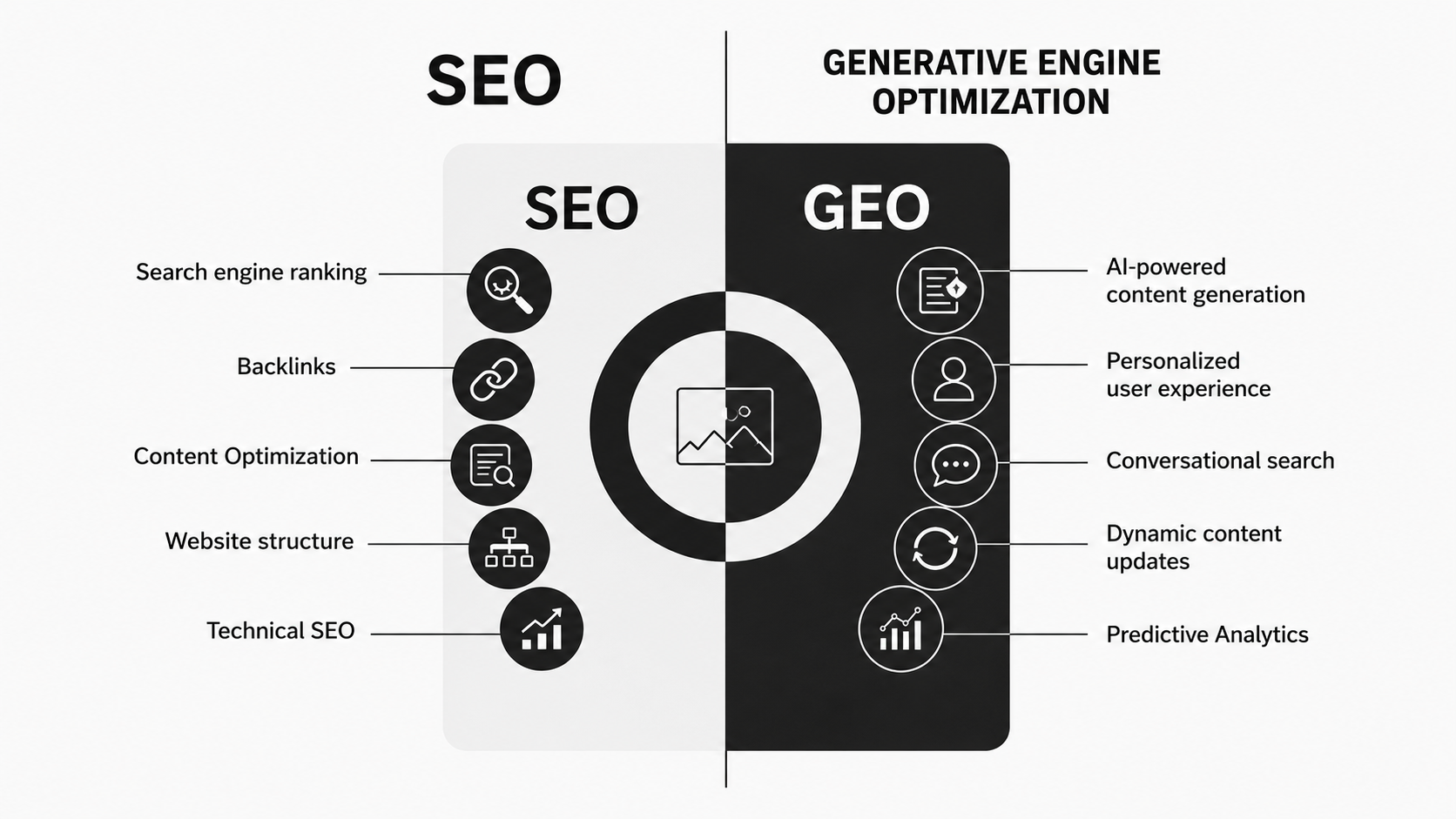 SEO vs GEO: The Future of Industrial Search SEO and Generative Engine Optimisation (GEO) comparison showing traditional SEO factors alongside AI-driven search and content factors.