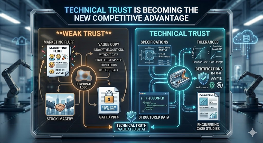 Technical Trust is becoming the new competitive advantage Engineering trust framework showing certifications, specifications, tolerances, and technical documentation used for vendor validation.