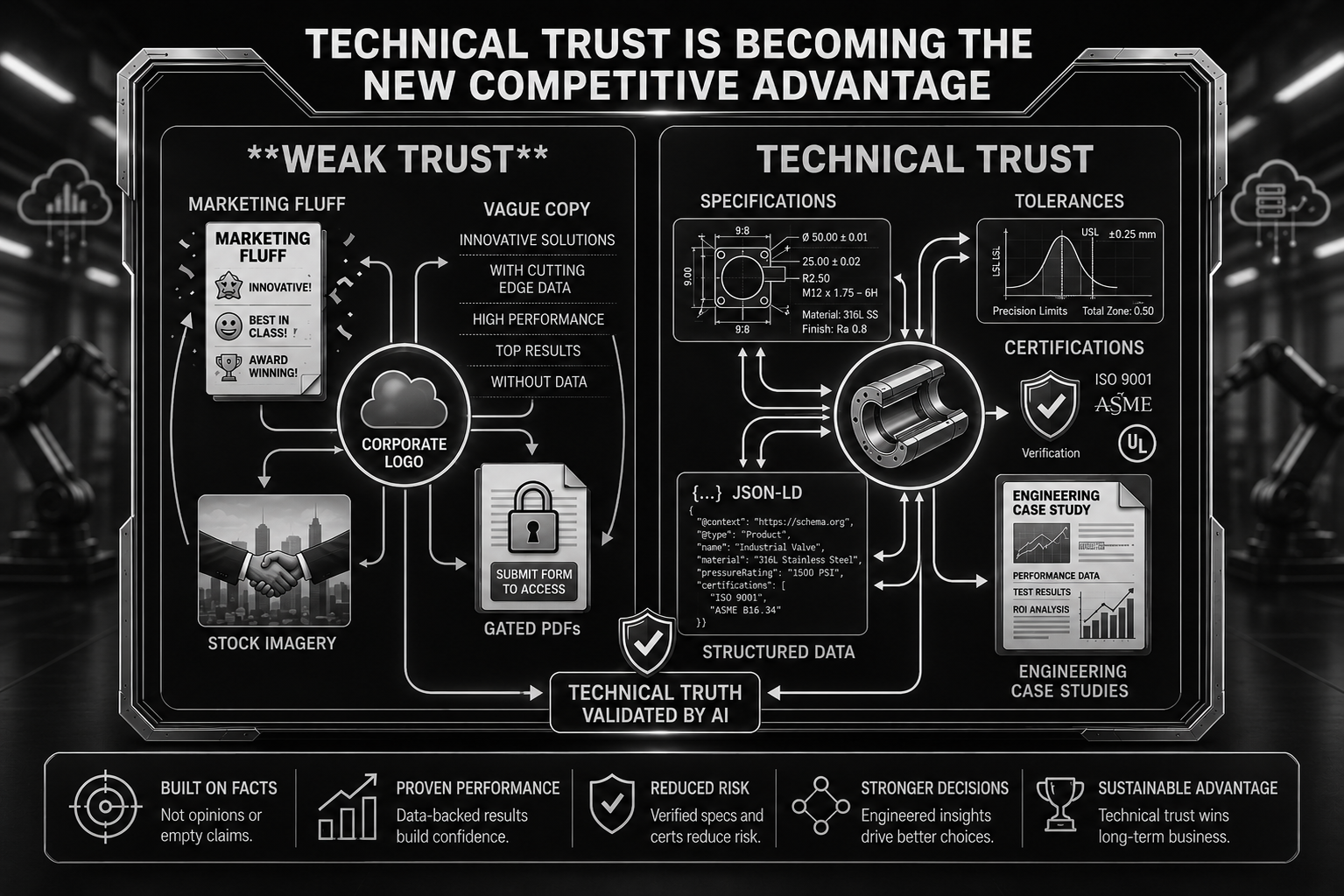 Technical Trust is becoming the new competitive advantage Engineering trust framework showing certifications, specifications, tolerances, and technical documentation used for vendor validation.