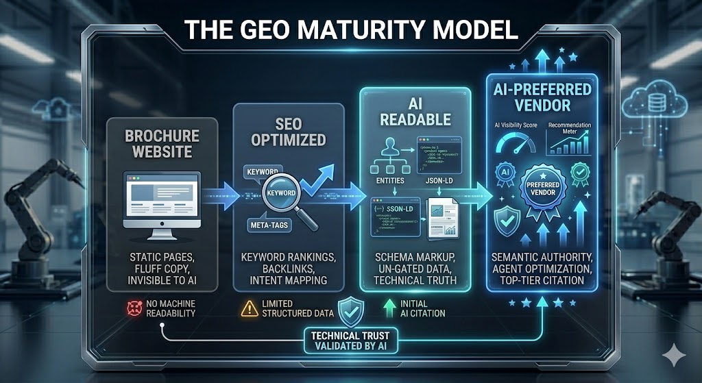 The GEO Maturity Model Industrial procurement workflow showing AI-assisted vendor discovery and automated supplier evaluation systems.