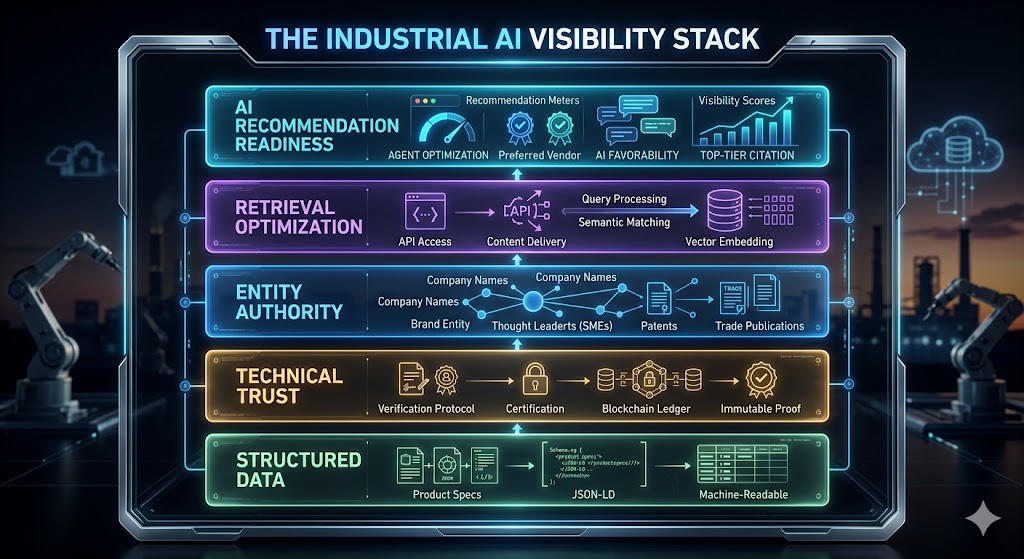 The AI Visibility Stack Layered framework diagram showing structured data, technical trust, entity authority, retrieval optimization, and AI recommendation readiness.