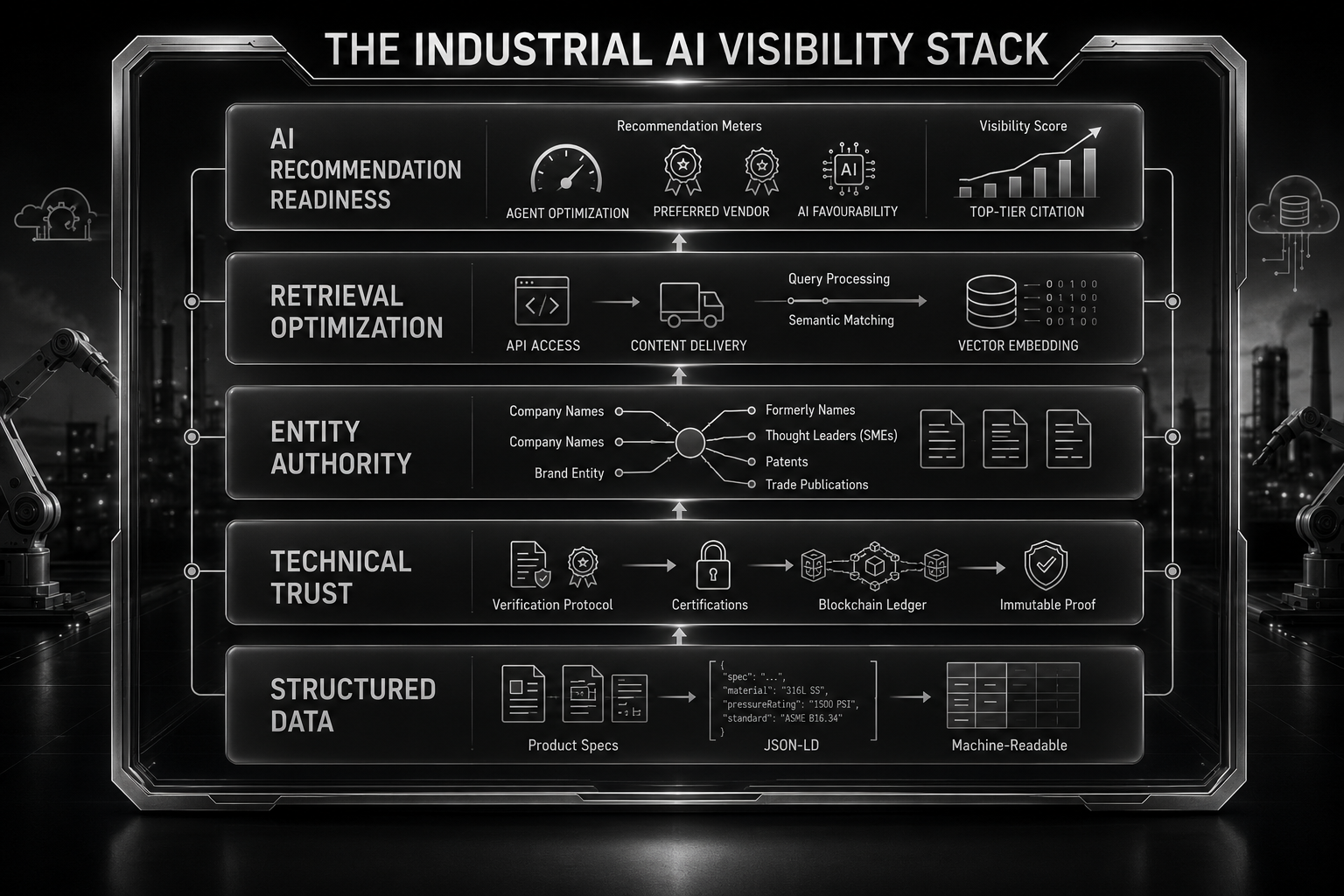 The AI Visibility Stack Layered framework diagram showing structured data, technical trust, entity authority, retrieval optimization, and AI recommendation readiness.