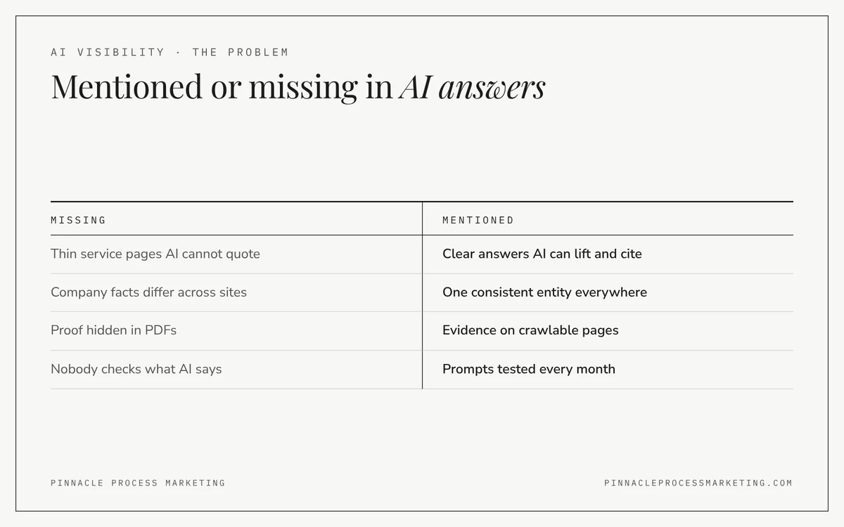 AI visibility assessment comparison: why some industrial companies are missing from AI answers and what mentioned companies do differently.