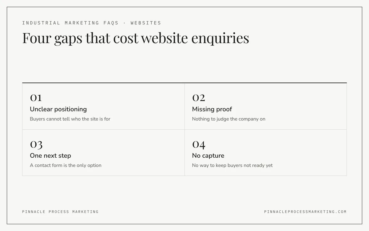 Grid of four website gaps that cost enquiries: unclear positioning, missing proof, a contact form as the only next step and no way to capture buyers.