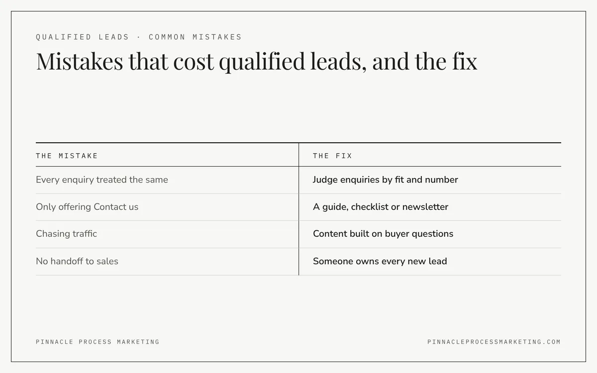 Comparison of four common mistakes that cost qualified leads, such as chasing traffic or offering only Contact us, with the fix for each one.