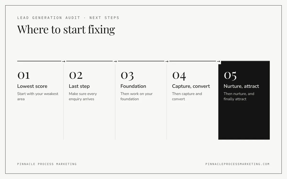 Flow showing where to start after scoring: the lowest area first, then the last step, foundation, capture and convert, nurture and finally attract.