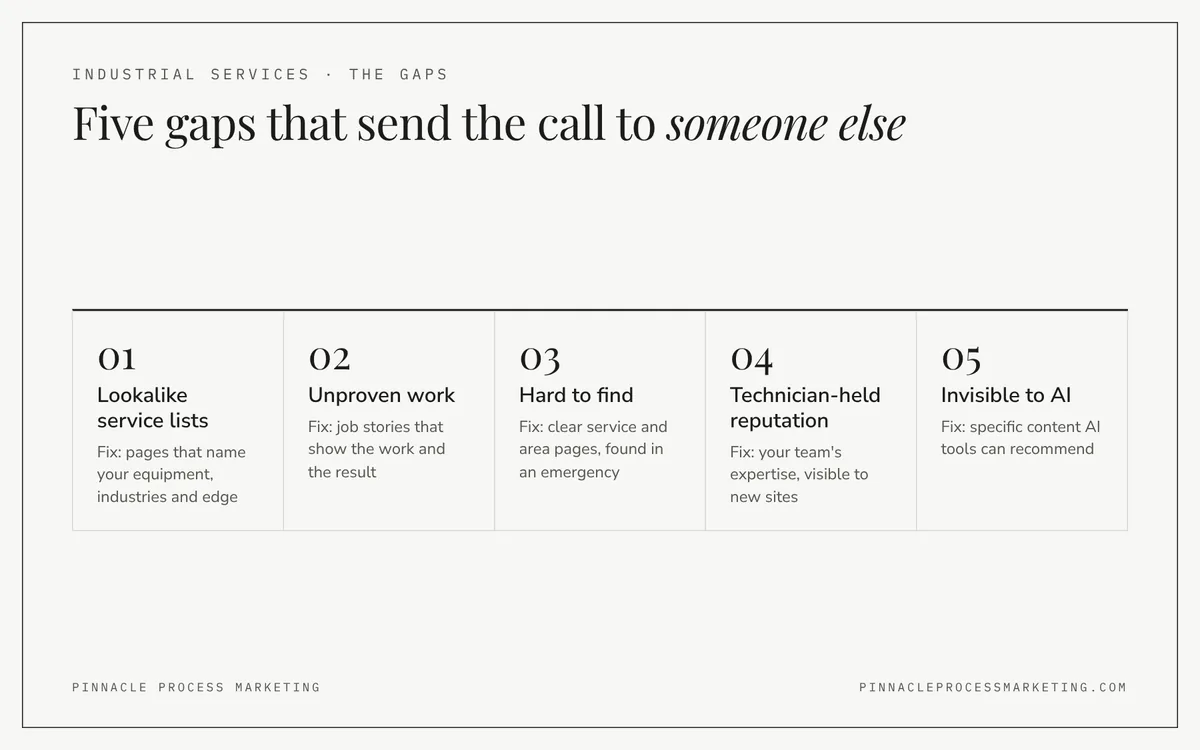 Grid of five gaps that cost service providers the call, each paired with its fix, including lookalike service lists and being invisible in AI search.