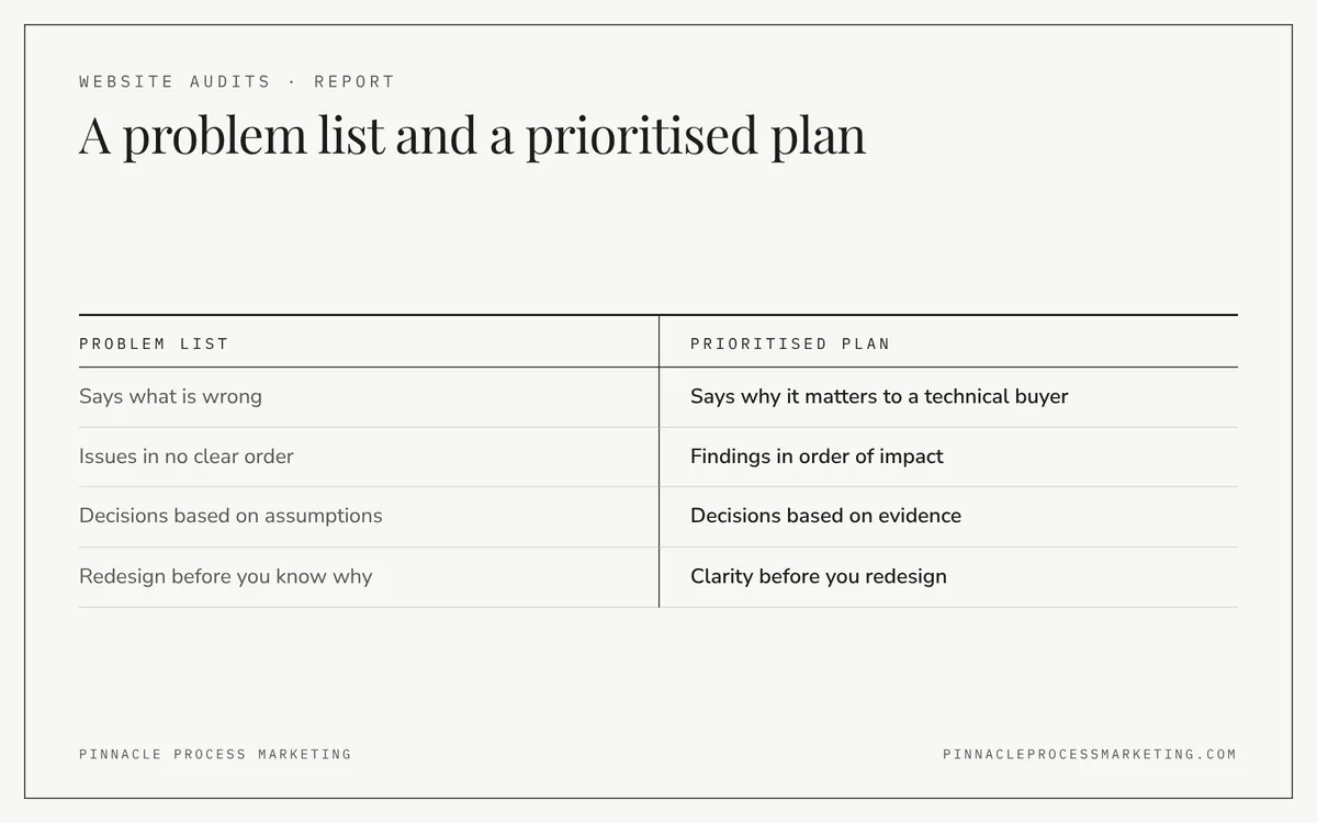 Comparison of an audit that lists problems with one that explains each finding, orders it by impact and gives clarity before a redesign.