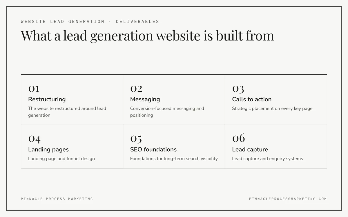 Grid of six deliverables in a lead generation website, including restructuring, messaging, calls to action, landing pages, SEO foundations and lead capture.